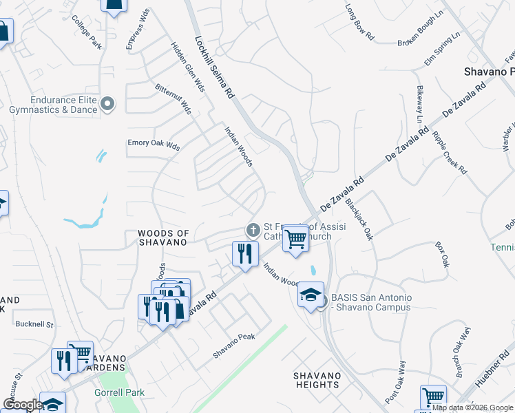 map of restaurants, bars, coffee shops, grocery stores, and more near 14304 Indian Woods in San Antonio