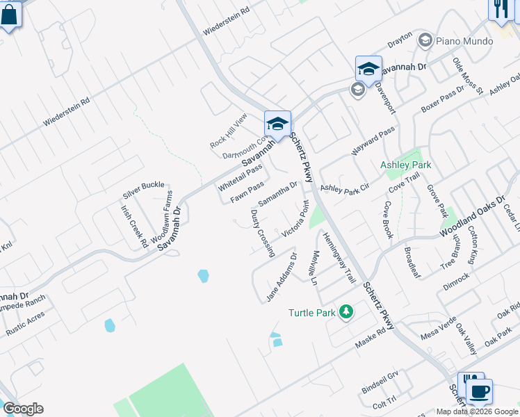 map of restaurants, bars, coffee shops, grocery stores, and more near 208 Samantha Drive in Schertz