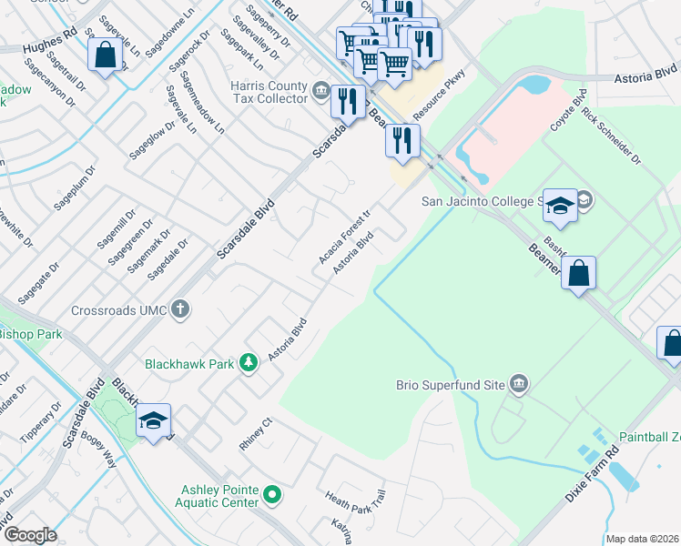 map of restaurants, bars, coffee shops, grocery stores, and more near 12002 Clear Brook Oak Street in Houston