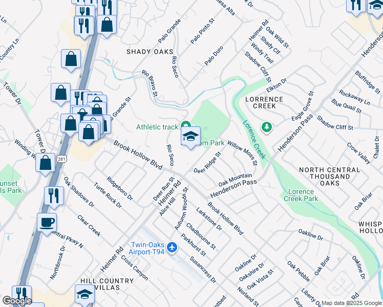 map of restaurants, bars, coffee shops, grocery stores, and more near 14819 Heimer Road in San Antonio