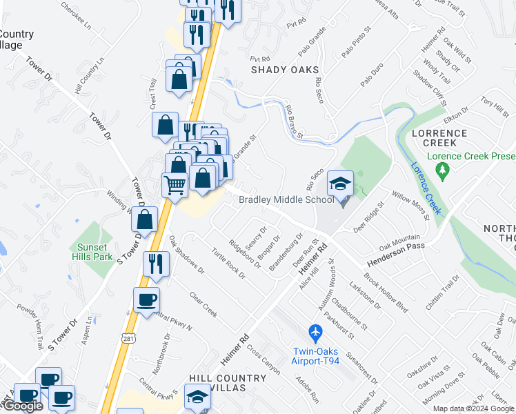 map of restaurants, bars, coffee shops, grocery stores, and more near 14310 Stoddard Drive in San Antonio