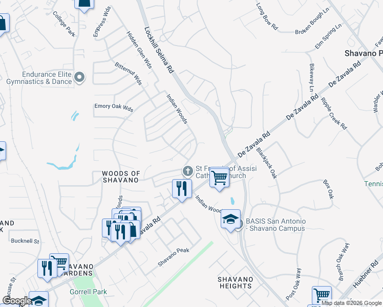 map of restaurants, bars, coffee shops, grocery stores, and more near 14304 Indian Woods in San Antonio
