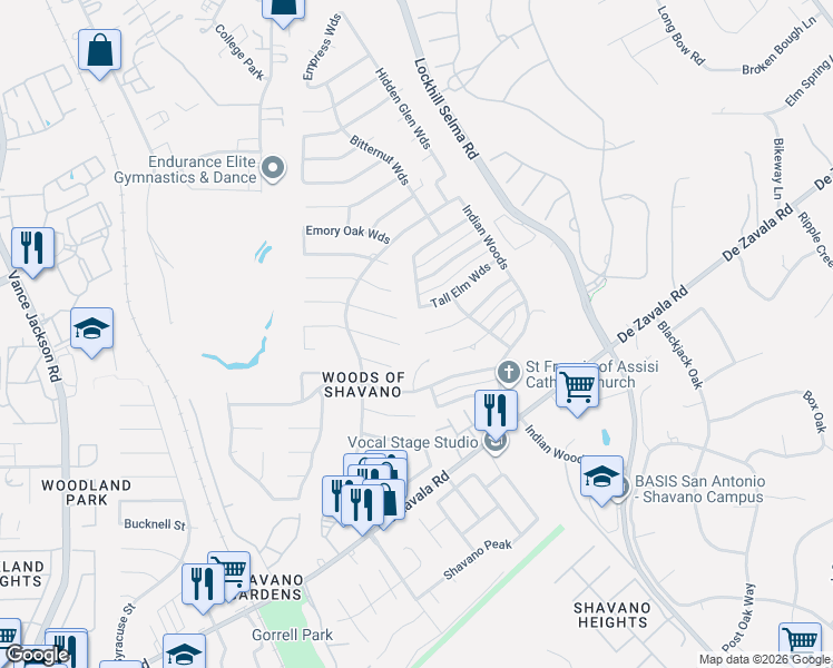 map of restaurants, bars, coffee shops, grocery stores, and more near 4402 Meredith Woods Street in San Antonio