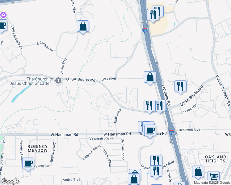 map of restaurants, bars, coffee shops, grocery stores, and more near 5803 UTSA Boulevard in San Antonio