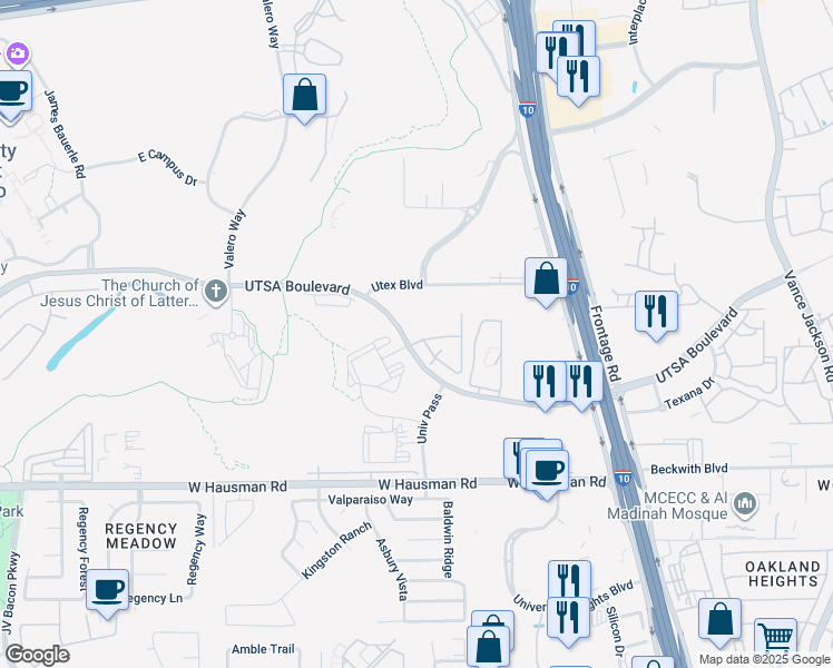 map of restaurants, bars, coffee shops, grocery stores, and more near 5803 UTSA Boulevard in San Antonio