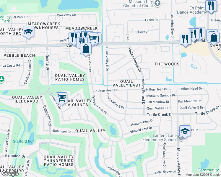 map of restaurants, bars, coffee shops, grocery stores, and more near 2422 Hilton Head Drive in Missouri City
