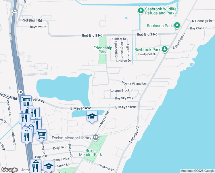 map of restaurants, bars, coffee shops, grocery stores, and more near 1113 Autumn Brook Street in Seabrook