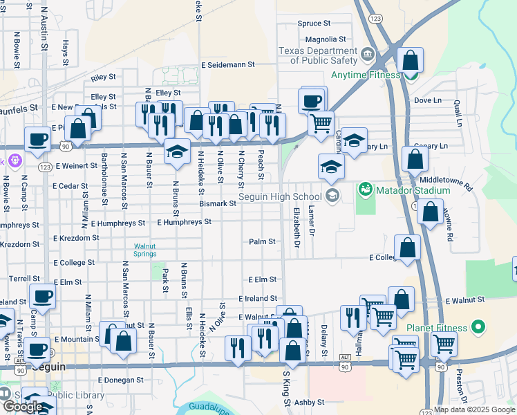 map of restaurants, bars, coffee shops, grocery stores, and more near 1026 East Humphreys Street in Seguin