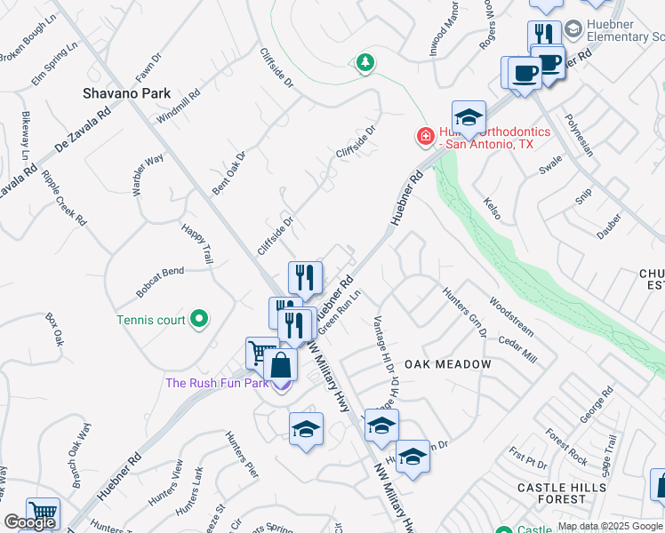 map of restaurants, bars, coffee shops, grocery stores, and more near 14811 Huebner Road in San Antonio