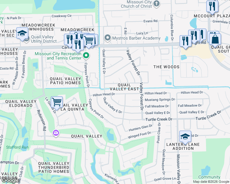 map of restaurants, bars, coffee shops, grocery stores, and more near 2402 Hilton Head Drive in Missouri City