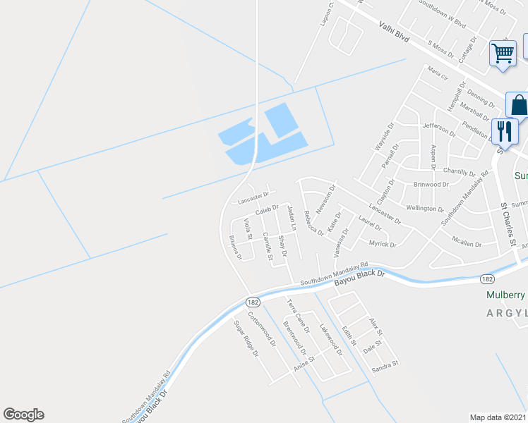 map of restaurants, bars, coffee shops, grocery stores, and more near 3399 Caleb Drive in Houma