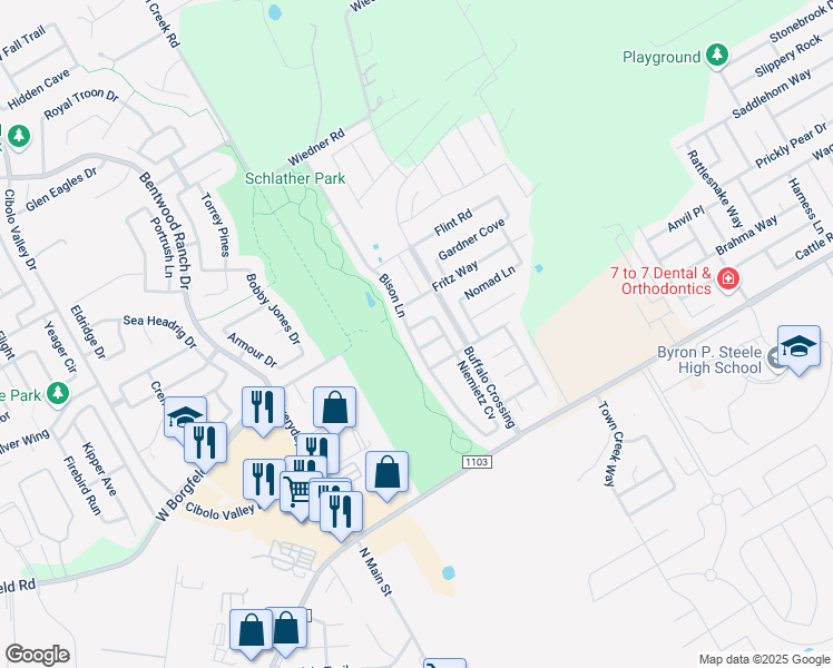map of restaurants, bars, coffee shops, grocery stores, and more near 101 Dykes Lane in Cibolo
