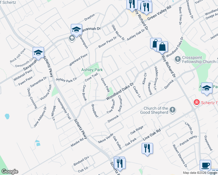 map of restaurants, bars, coffee shops, grocery stores, and more near 905 Woodland Oaks Drive in Schertz