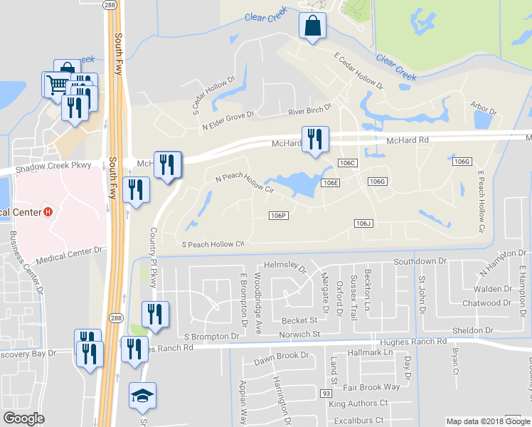 map of restaurants, bars, coffee shops, grocery stores, and more near 2815 Poplar Creek Lane in Pearland