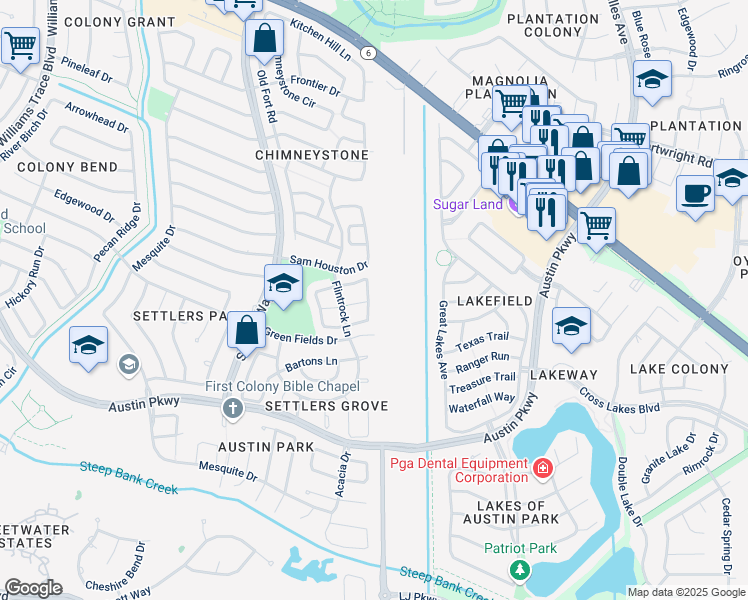 map of restaurants, bars, coffee shops, grocery stores, and more near 3227 East Heatherock Circle in Sugar Land