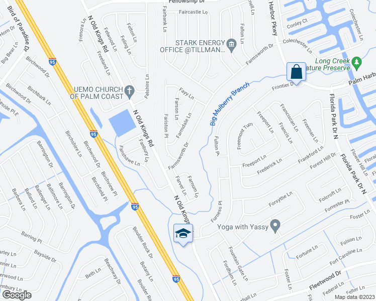 map of restaurants, bars, coffee shops, grocery stores, and more near 18 Farmsworth Drive in Palm Coast