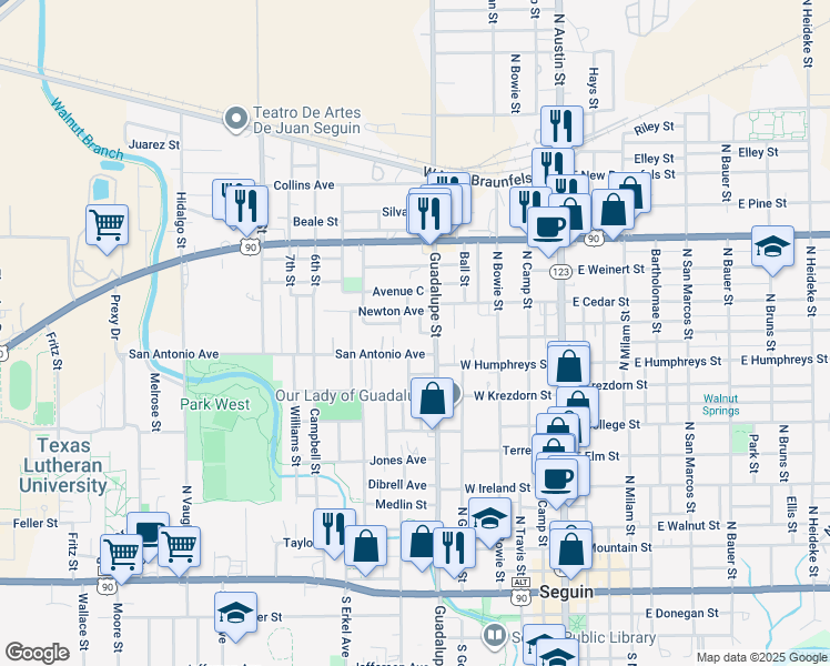 map of restaurants, bars, coffee shops, grocery stores, and more near 916 Rhone Avenue in Seguin