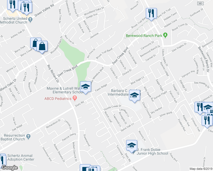 map of restaurants, bars, coffee shops, grocery stores, and more near 257 Fawn Ridge in Cibolo