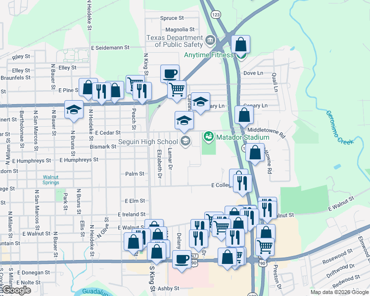 map of restaurants, bars, coffee shops, grocery stores, and more near 1315 East Cedar Street in Seguin