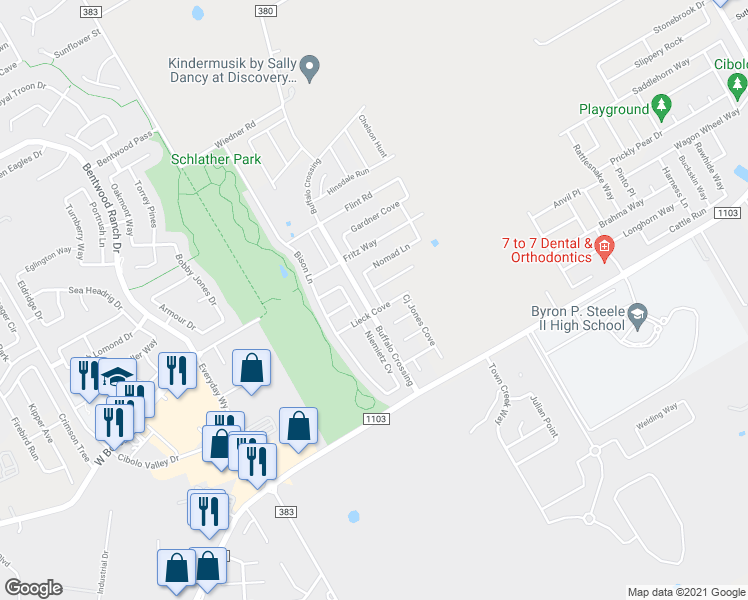 map of restaurants, bars, coffee shops, grocery stores, and more near 204 Goodnight Circle in Cibolo