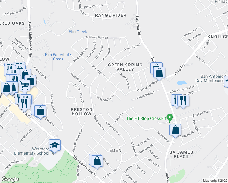 map of restaurants, bars, coffee shops, grocery stores, and more near 15003 Enchanted Castle in San Antonio