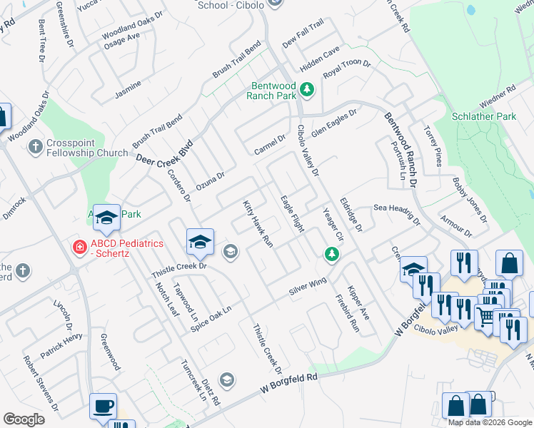 map of restaurants, bars, coffee shops, grocery stores, and more near 137 Pilot Point in Cibolo