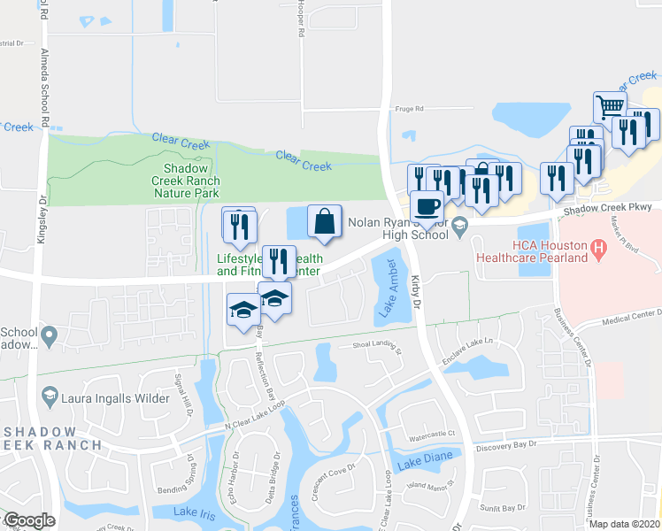 map of restaurants, bars, coffee shops, grocery stores, and more near 11869 Shadow Creek Parkway in Pearland