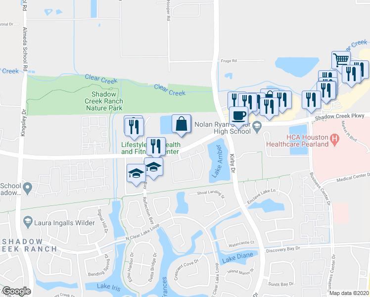 map of restaurants, bars, coffee shops, grocery stores, and more near 11930 Shadow Creek Parkway in Pearland