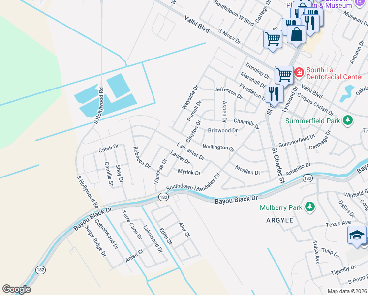 map of restaurants, bars, coffee shops, grocery stores, and more near 398 Clayton Drive in Houma