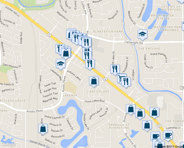 map of restaurants, bars, coffee shops, grocery stores, and more near 2702 Double Lake Drive in Missouri City