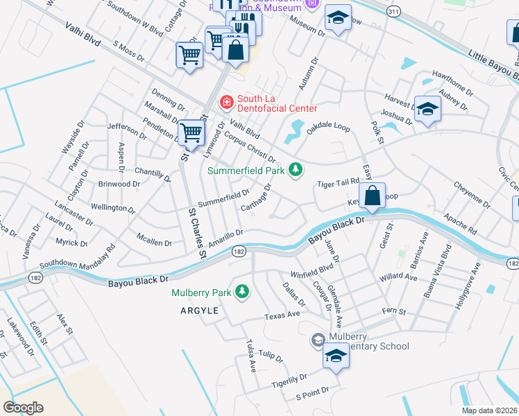 map of restaurants, bars, coffee shops, grocery stores, and more near 1 Freeport Circle in Houma