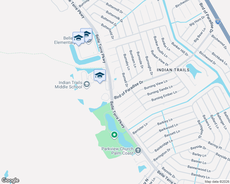 map of restaurants, bars, coffee shops, grocery stores, and more near 1 Bird of Paradise Drive in Palm Coast