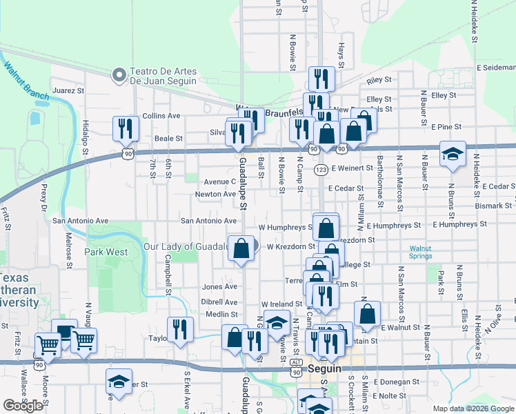 map of restaurants, bars, coffee shops, grocery stores, and more near 915 Roselawn in Seguin