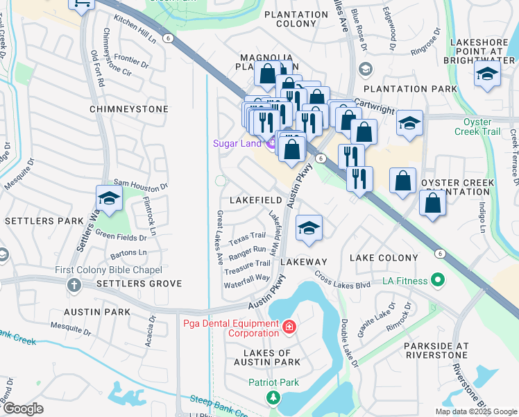 map of restaurants, bars, coffee shops, grocery stores, and more near 4543 Pioneer Trail in Sugar Land