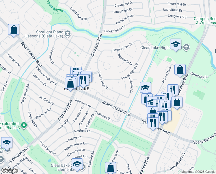 map of restaurants, bars, coffee shops, grocery stores, and more near 15803 Hillside Falls Trail in Houston