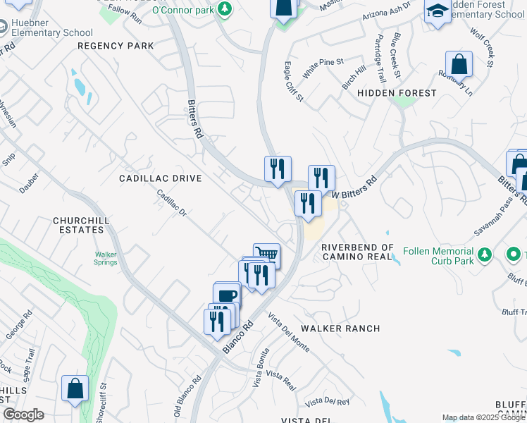 map of restaurants, bars, coffee shops, grocery stores, and more near 14855 Blanco Road in San Antonio