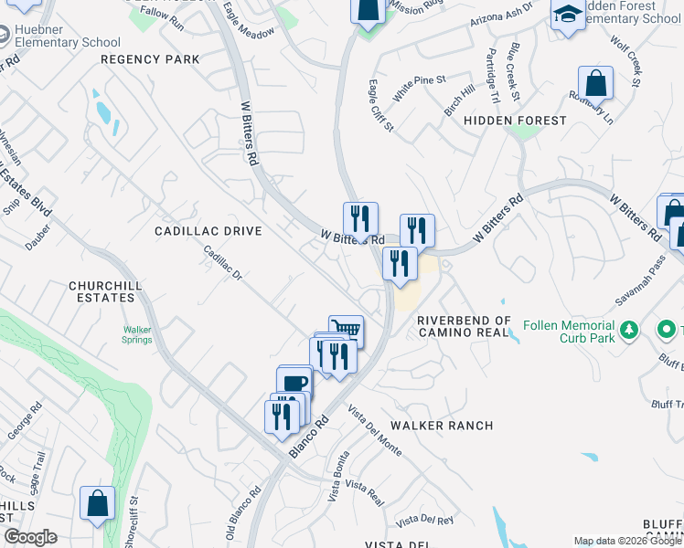 map of restaurants, bars, coffee shops, grocery stores, and more near 14555 Blanco Road in San Antonio