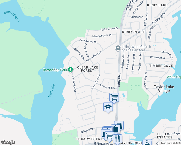 map of restaurants, bars, coffee shops, grocery stores, and more near 4115 Willow Hill Drive in Seabrook