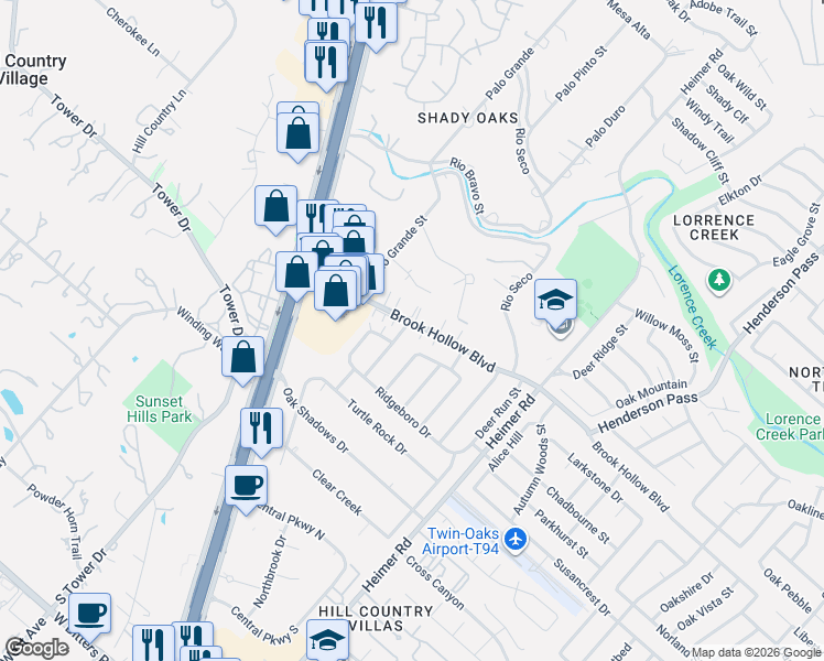 map of restaurants, bars, coffee shops, grocery stores, and more near 14310 Stoddard Drive in San Antonio