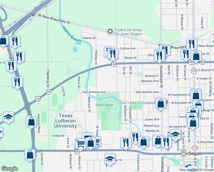 map of restaurants, bars, coffee shops, grocery stores, and more near 920 San Antonio Avenue in Seguin