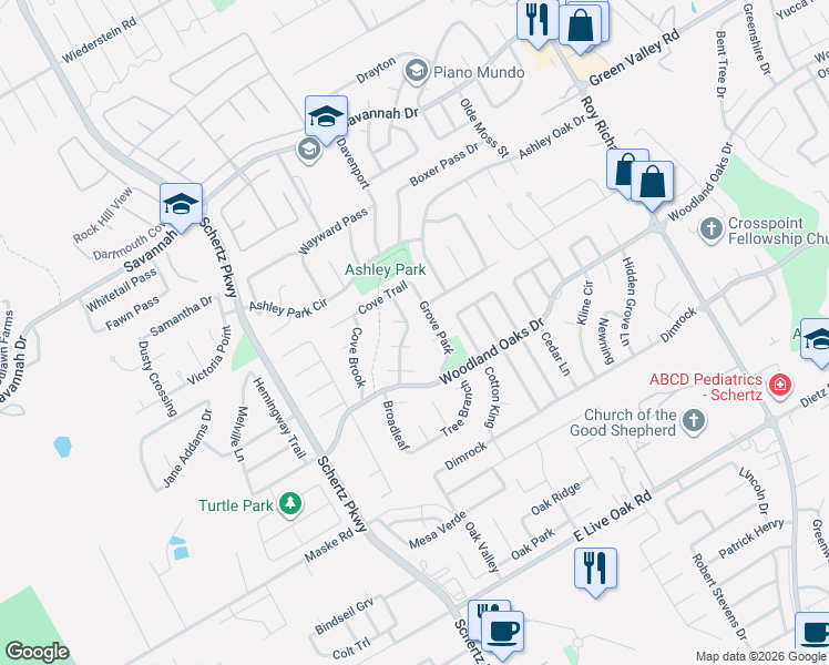 map of restaurants, bars, coffee shops, grocery stores, and more near 2484 Sombra Hill in Schertz