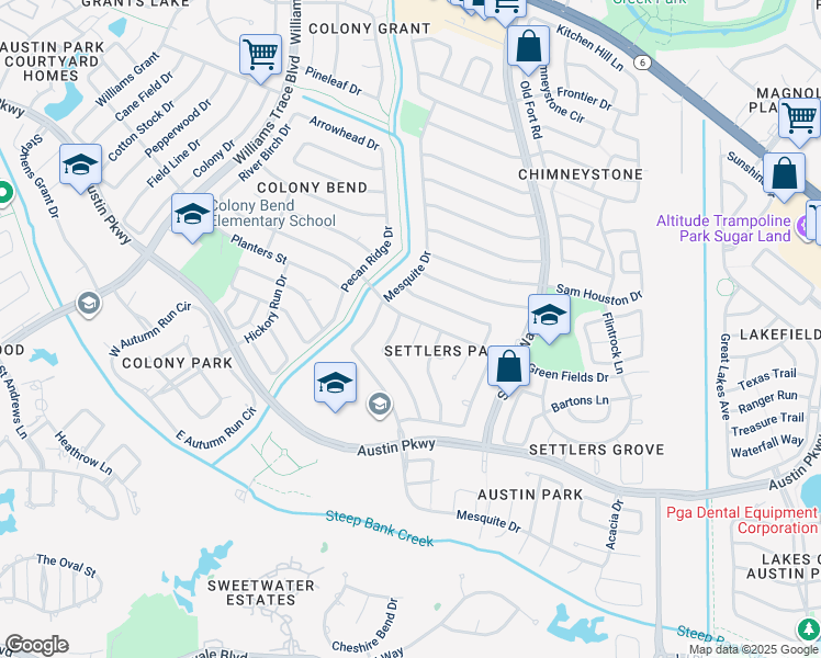 map of restaurants, bars, coffee shops, grocery stores, and more near 3106 Lazy Brook Drive in Sugar Land