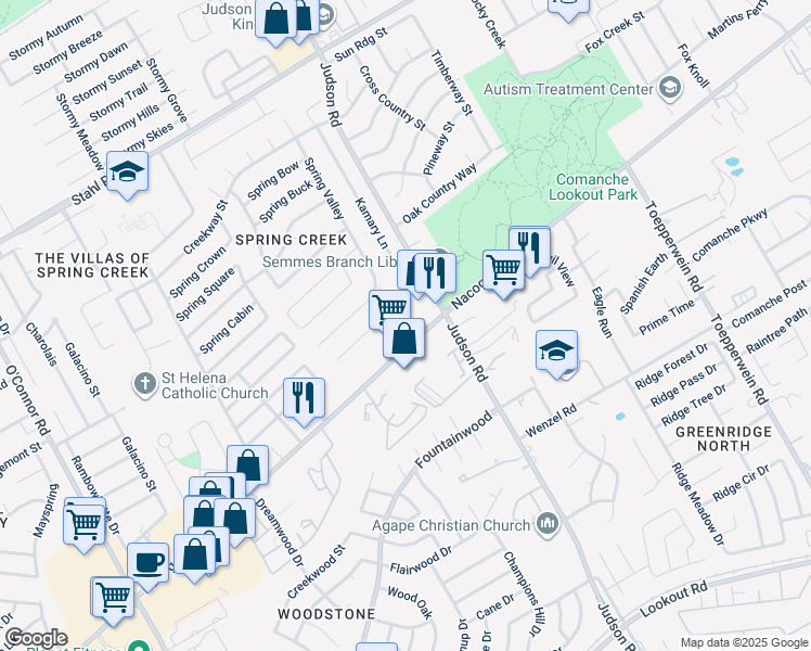 map of restaurants, bars, coffee shops, grocery stores, and more near 5911 Spring Country Street in San Antonio