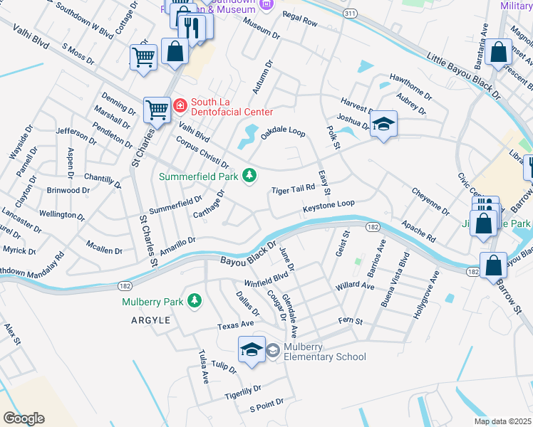 map of restaurants, bars, coffee shops, grocery stores, and more near 299 Tiger Tail Rd in Houma