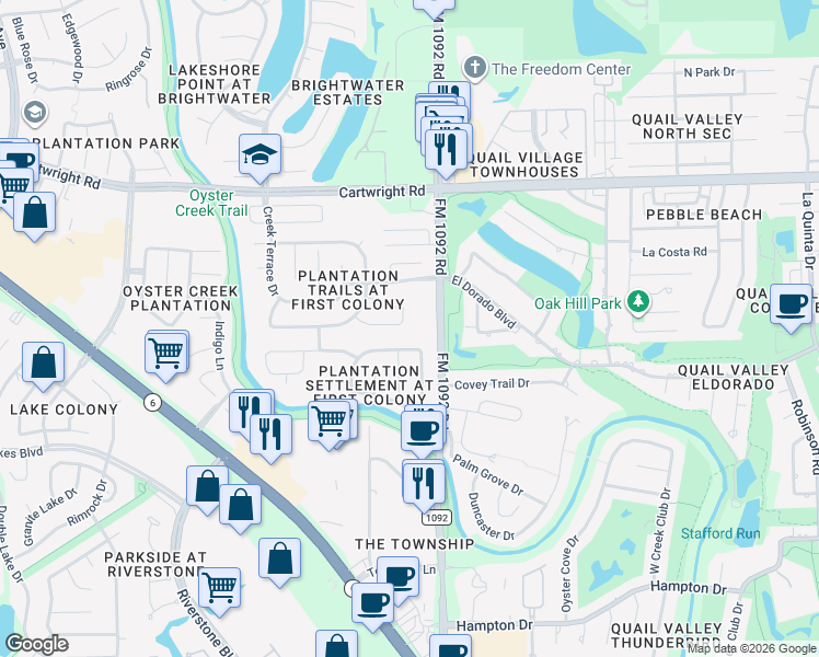 map of restaurants, bars, coffee shops, grocery stores, and more near 2722 Trailridge Court in Missouri City