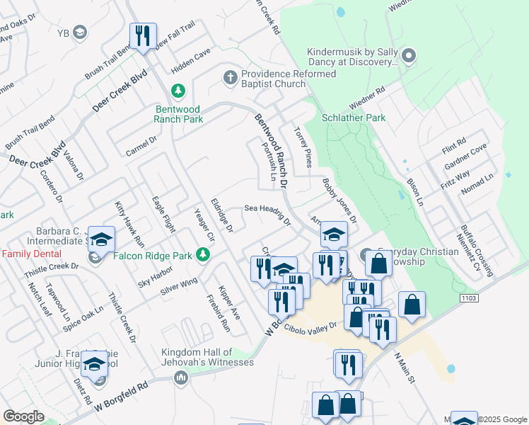 map of restaurants, bars, coffee shops, grocery stores, and more near 509 Sea Headrig Drive in Cibolo