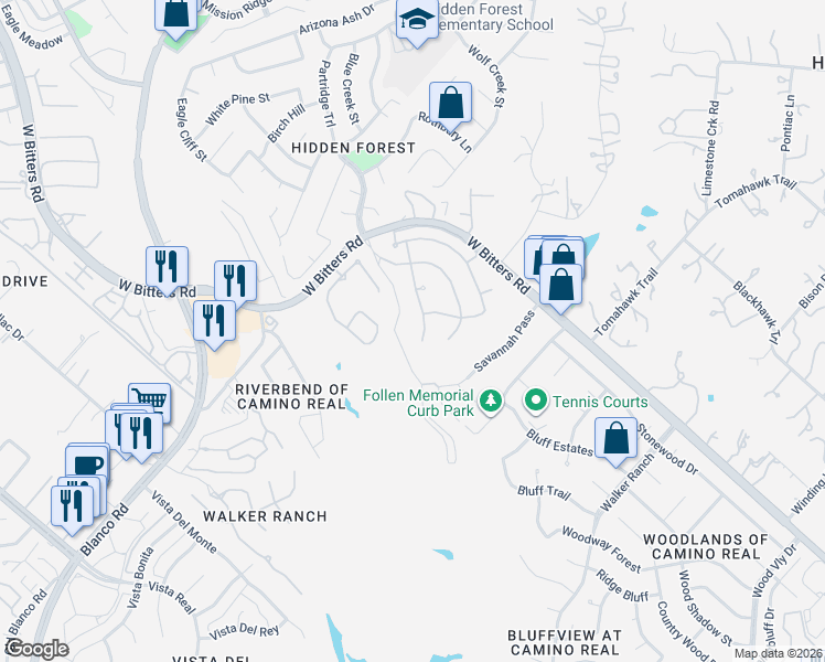 map of restaurants, bars, coffee shops, grocery stores, and more near 25 Greens Cliff in San Antonio