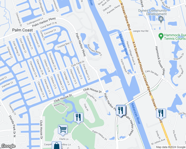 map of restaurants, bars, coffee shops, grocery stores, and more near 27 Marina Point Place in Palm Coast