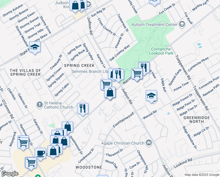 map of restaurants, bars, coffee shops, grocery stores, and more near 5911 Spring Country Street in San Antonio