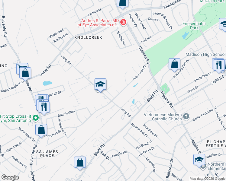 map of restaurants, bars, coffee shops, grocery stores, and more near 4234 Briarwest Street in San Antonio
